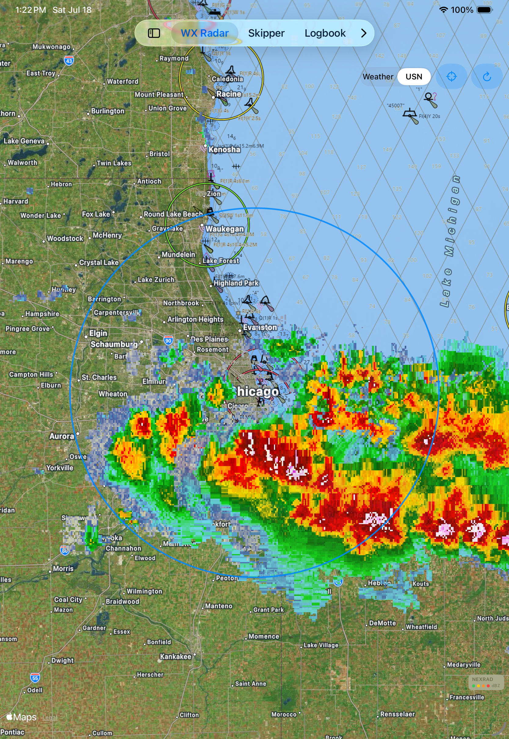 Weather radar map centered on the Great Lakes / Chicago area
