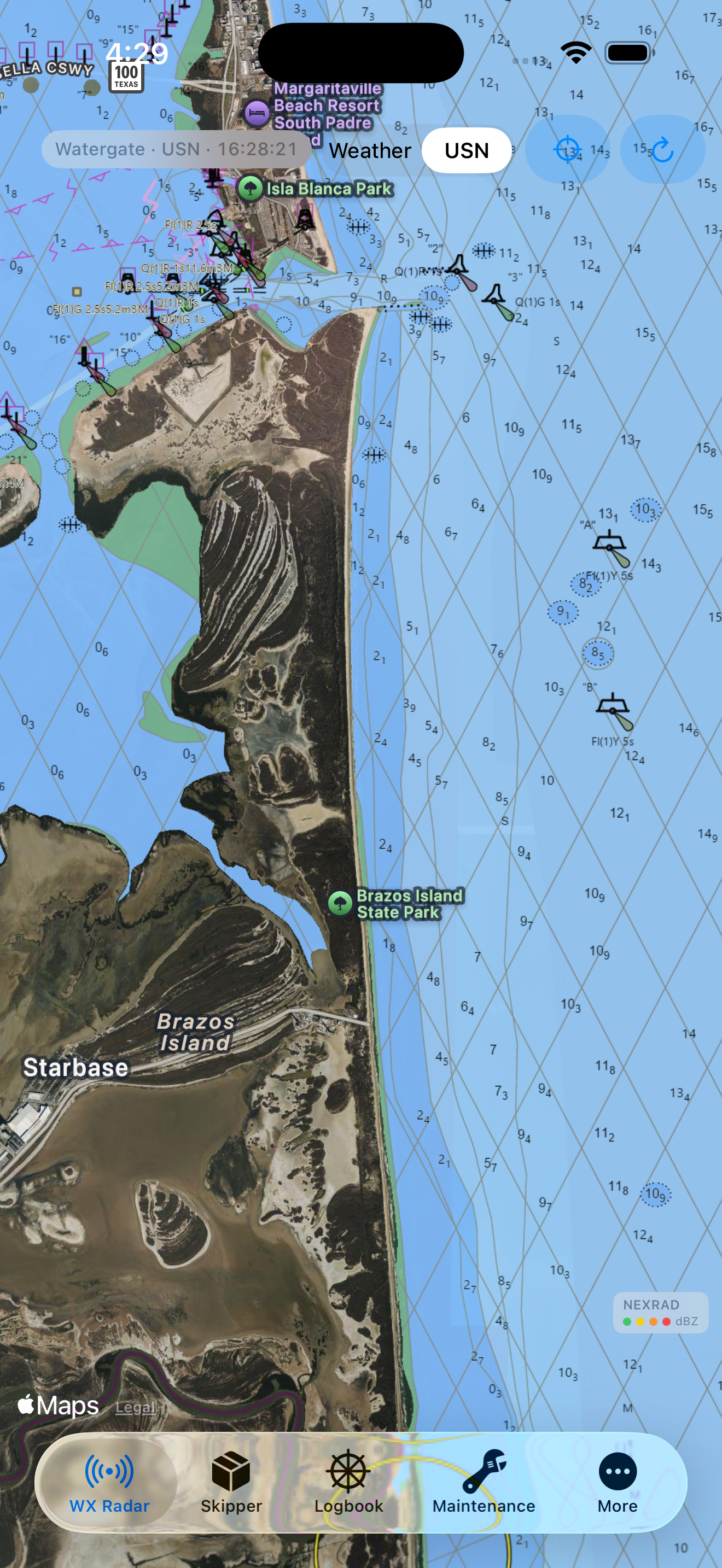 USN chart mode near Starbase Texas with depth and aids