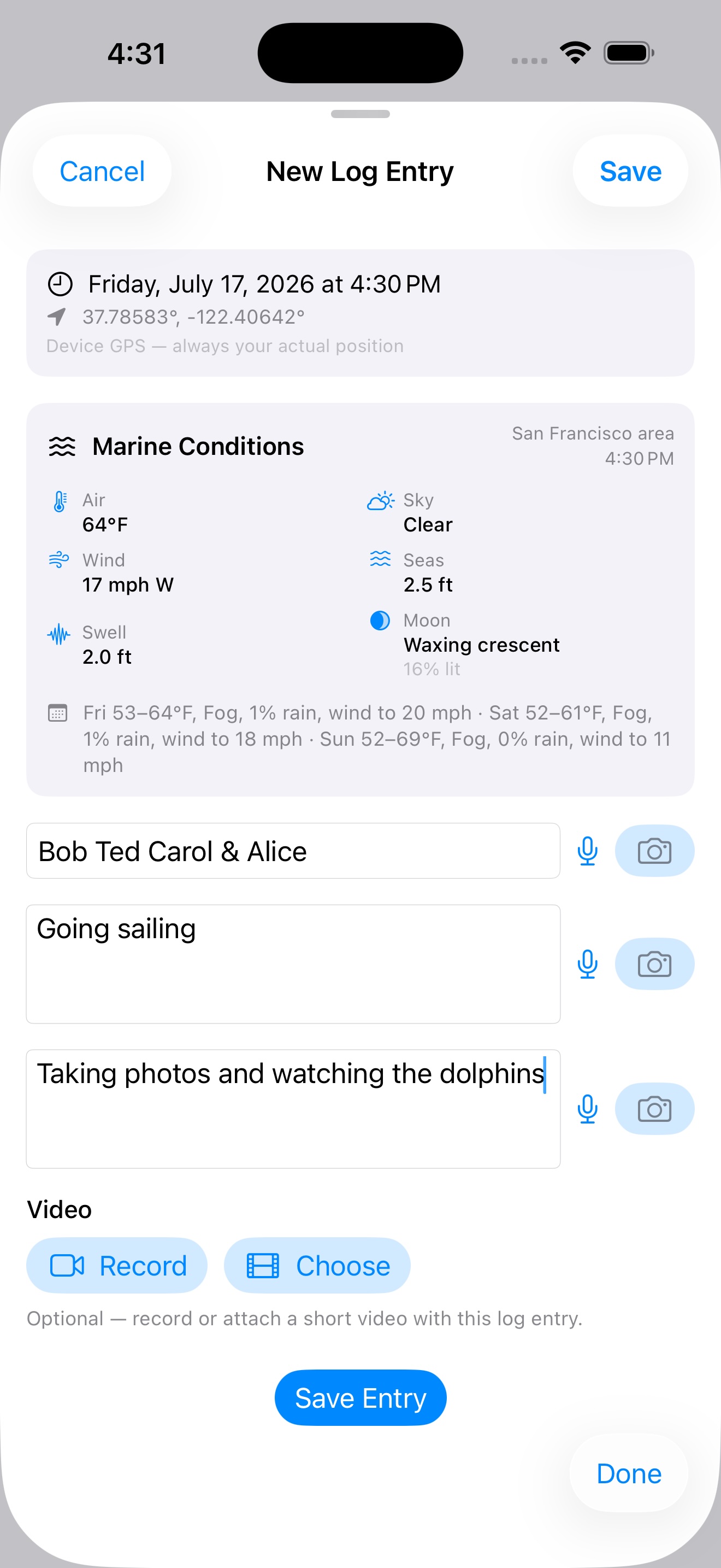 Captain's Log with Marine Conditions panel